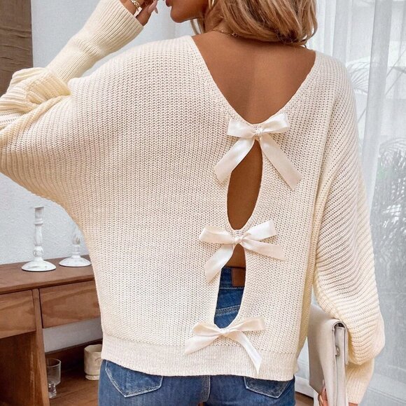 Apricot Casual Women's V-Neck Loose Fit Long Sleeve Sweater With Back Strap - Picture 5 of 6
